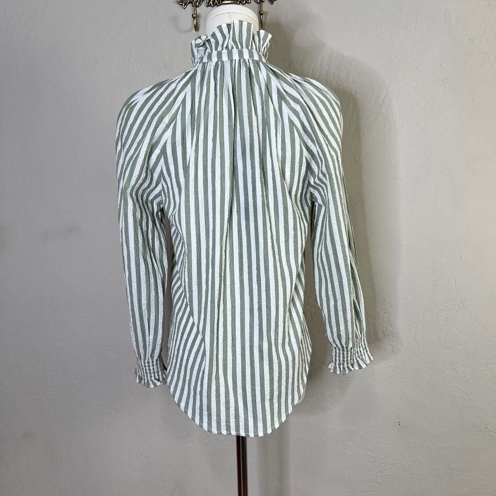 Veronica Beard Calisto Striped Ruffle Neck Button Up Shirt Seersucker 0 = XS NEW - Picture 4 of 11